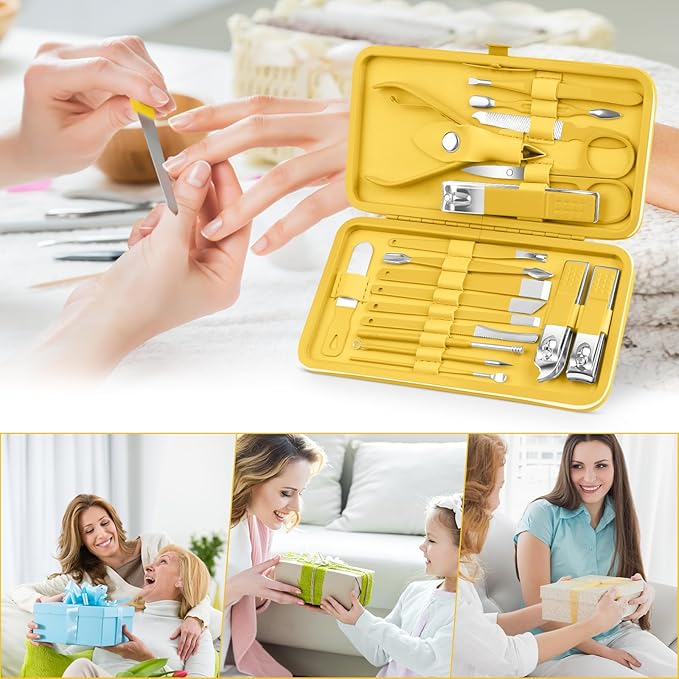 Teamkio 18pcs Manicure Set Pedicure Nail Clippers Set Travel Hygiene Kit Stainless Steel Professional Cutter Care Set Scissor Tweezers Knife Ear Pick Tools Grooming Kits with Leather Case(Yellow)