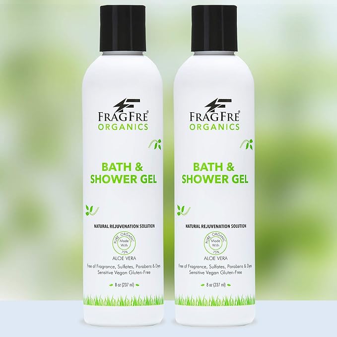 Organic Shower Gel 2/Pack - Fragrance Free Sulfate Free Parabens Free - for Itchy Dry Sensitive Skins - 8 oz - Gluten Free Vegan Cruelty Free - Organic Aloe Vera Bath Shower Gel - pure Natural