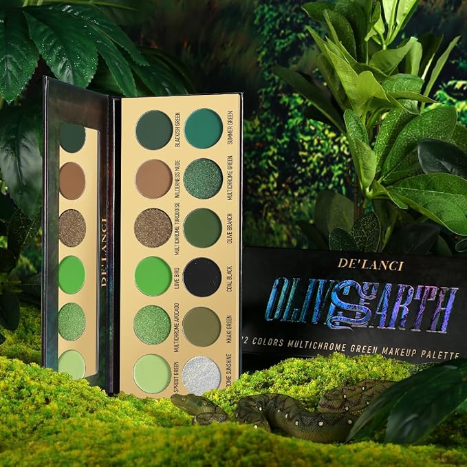 Olive Green Eyeshadow Palette, Brown Green Multichrome Eyeshadow for Nude Smokey Eyes, 12 Colors Bright Pigmented Matte Shimmer Glitter Long Last Makeup Palette for Daily, St Patrick's Day, Cos, Party