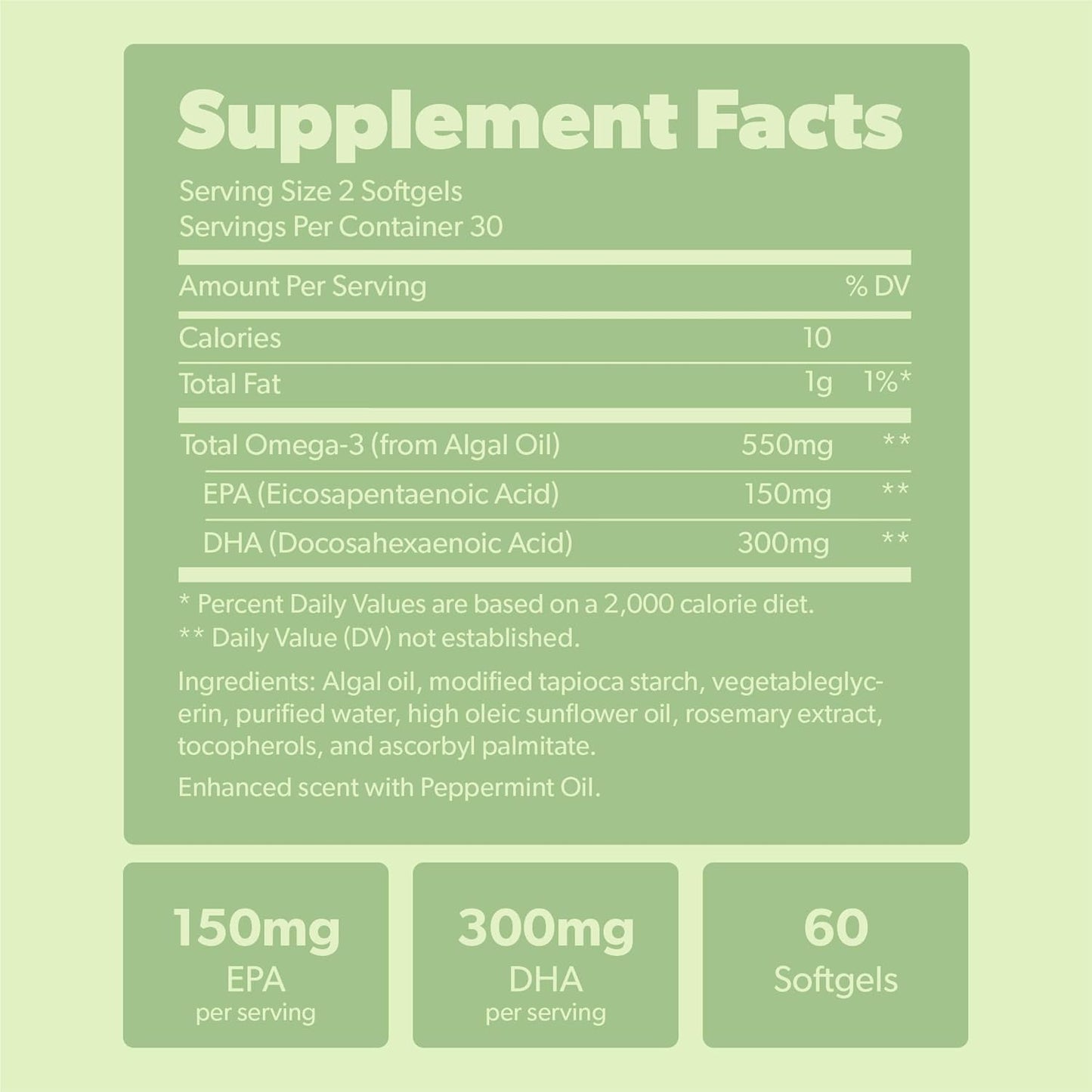 Vegan Omega 3 Supplement - Plant Based DHA & EPA Fatty Acids - Carrageenan Free, Alternative to Fish Oil, Supports Heart, Brain, Joint Health - Sustainably Sourced Algae - 60 Softgels