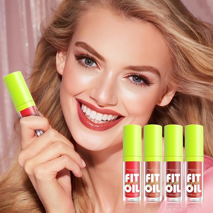 4 Colors Big Brush Head Lip Oil, Smooth Glossy Lip Glow Oil, Ultra-Hydrating & Nourishing, Long Lasting Fresh Transparent Tinted Plumping Lip Oil, Non-Sticky Formula (SetB)