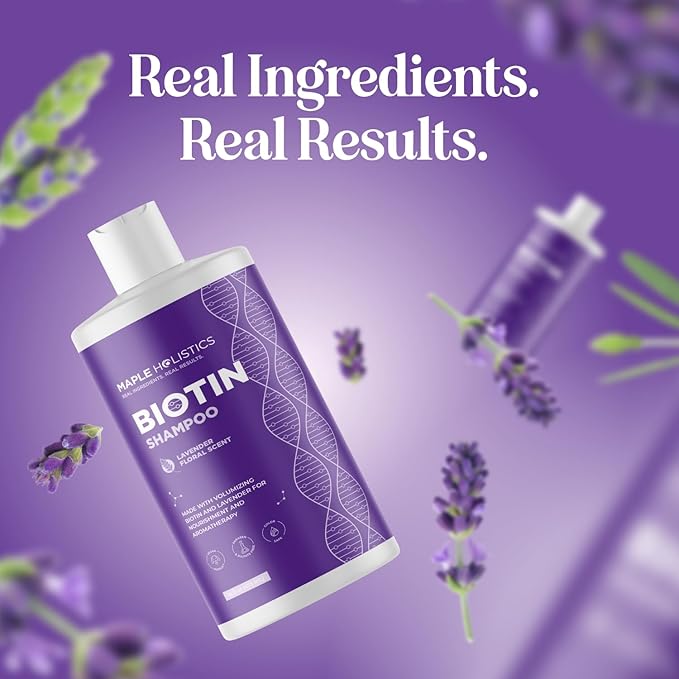 Lavender Biotin Shampoo for Thinning Hair - Volumizing Shampoo for Fine Hair with B Vitamins Rosemary Argan Primrose & Tea Tree Oils - Paraben Silicone and Sulfate Free Vegan Formula (16 Fl Oz)
