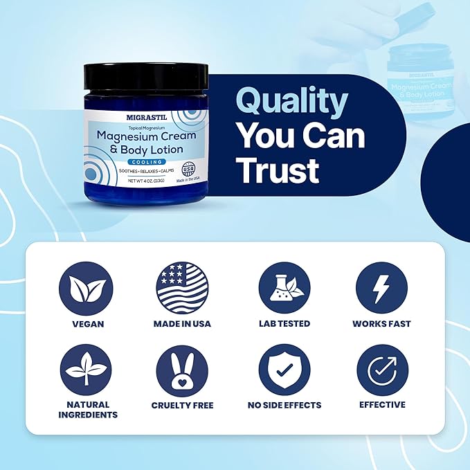 MIGRASTIL Cooling Magnesium Cream & Body Lotion - Promotes Sleep and Soothing Relief for Sore Muscles, Leg Discomfort, Etc. 4oz. Made in The USA.