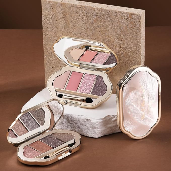 Nude Eyeshadow Palette 4 Colors, Champagne chocolate Matte & Shimmer Neutral Shades, Highly Pigmented Blendable Long-Lasting Powder, Smooth No-Fallout Daily Eye Makeup Palette and Natural Looks-B03#