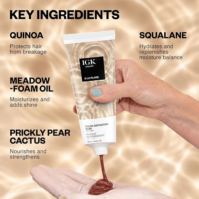 IGK A La Plage Color Depositing + Conditioning Mask | Light Sand - Golden Honey Tones | Hydrating Semi-Permanent Gloss Toner Treatment