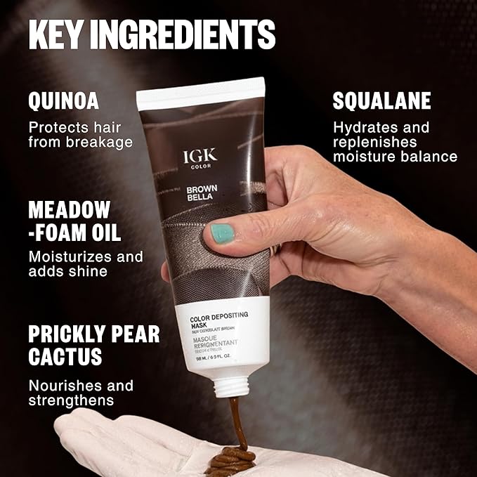 IGK Brown Bella Color Depositing + Conditioning Hair Mask | Chocolate Brown - Brunette Espresso Tones | Hydrating Semi-Permanent Gloss Toner Treatment