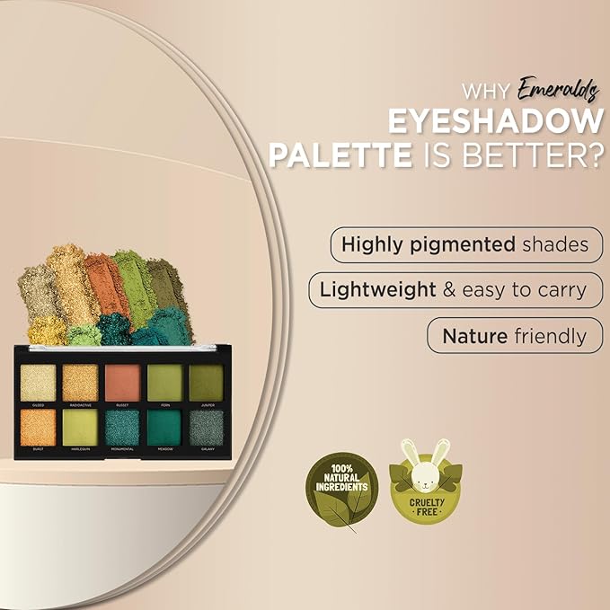 Profusion Cosmetics Emeralds 10 Shade Eyeshadow Palette – Pigmented & Blendable Green Tones, Matte & Shimmer Finishes for Versatile Eye Looks, Travel-Friendly & Cruelty Free Makeup