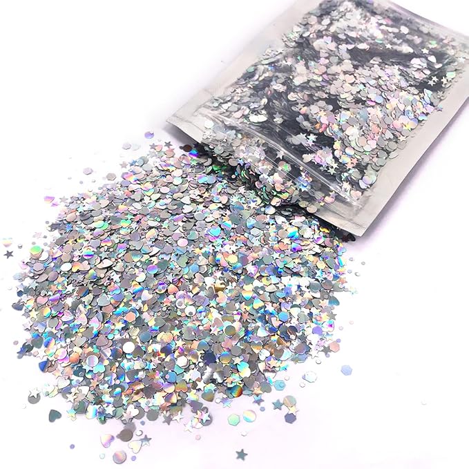 Holographic Silver - Face & Body Glitter - Chunky Glitter - Uses Include: Holidays, Cheerleading, Festival, Rave, Hair, Makeup, Face, Body, Nails, Resin, Arts & Crafts, Resin, Tumblers, Bath Bombs