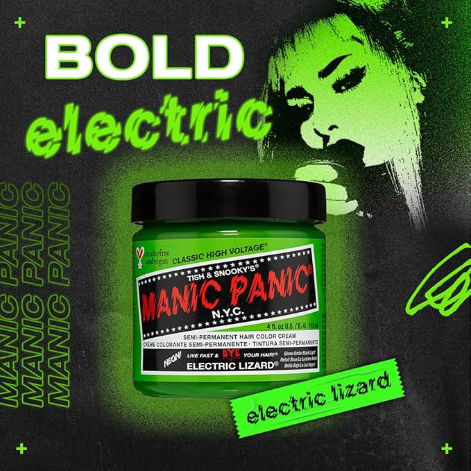 MANIC PANIC Classic Electric Lizard Semi Permanent Hair Color - Bright Neon Green Hair Dye for Women & Men That Lasts 4-6 Weeks - Vegan, Ammonia & Cruelty-Free - Create & Mix Custom Shades (4oz / 2pk)