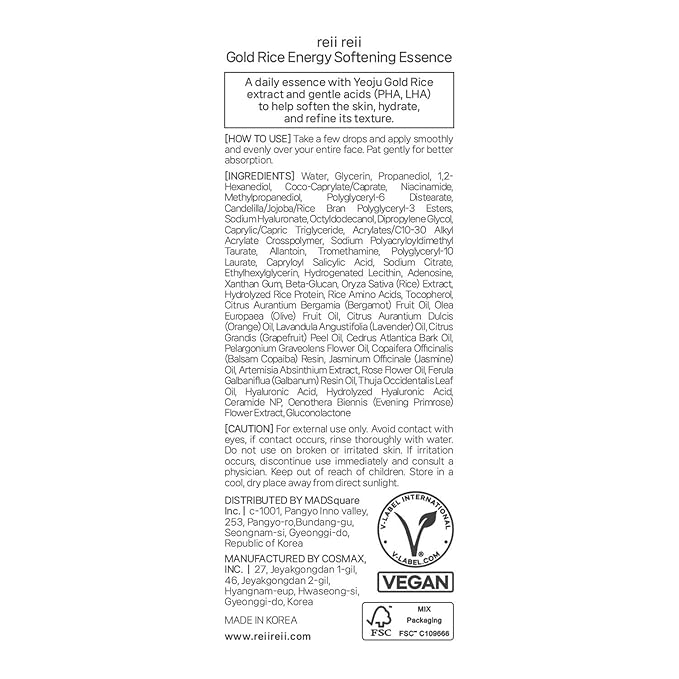Gold Rice Energy Softening Essence – Daily Gentle Exfoliator with LHA & PHA, for Smooth Texture and Radiant Glow, Vegan Korean Beauty (2.70 fl.oz / 80ml)