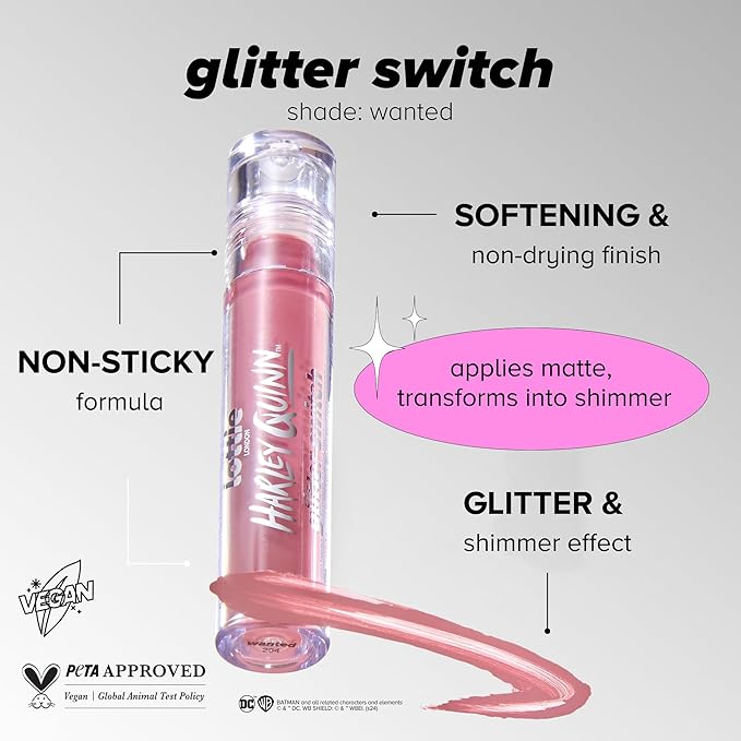 Lottie London Transforming Liquid Lipstick in Wanted, Transforming liquid lipstick with a metallic glitter finish in a nude pink shade