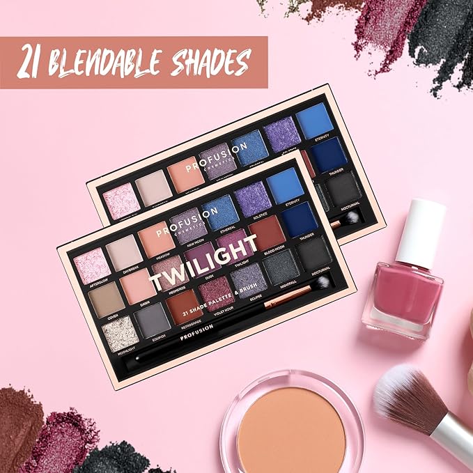 Profusion Cosmetics Twilight 21-Shade Eyeshadow Palette with Brush – Blendable Matte, Metallic & Mousse Finishes, Rich Pigments Infused with Vitamin A and E, Vegan & Cruelty-Free Makeup
