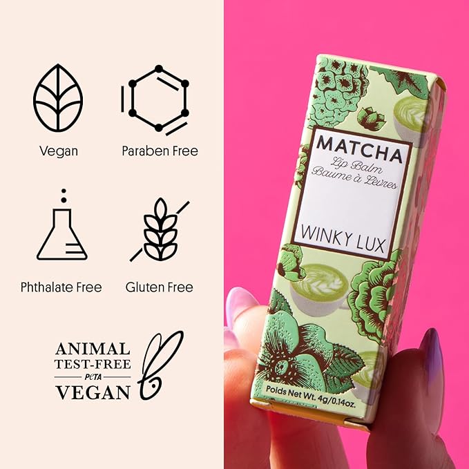 Winky Lux Matcha Lip Balm, Ultra-Moisturizing Clear Lip Treatment with Green Tea Extract, Caffeine, Avocado & Coconut Oils and Vitamin E, Clean Beauty, Cruelty-Free, Vegan, Vanilla–Green Tea Scent