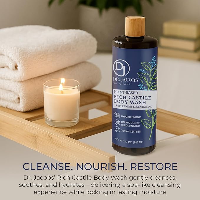 Dr. Jacobs Naturals Castile Peppermint All-Natural Body Wash for Moisturizing Dry and Sensitive Skin with Plant-Based Ingredients with Pump - 32 Ounce