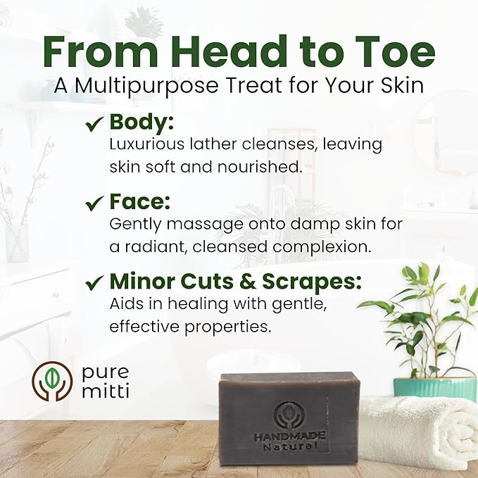 Neem Face, Body Bar Soap 4.5 oz | Ayurvedic Exfoliating, Cleansing Bar with Coconut Oil, Castor Oil | Gentle Bath Soaps for Face Wash, Body Wash | Soft Soap for Daily Use, All Skin Types