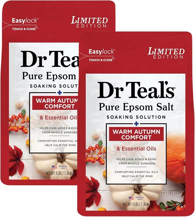 Dr Teal's Warm Autumn Comfort Pure Epsom Salt Soak, 3 lbs Each | 2 Pack of Limited Edition Fall Scent (Autumn)