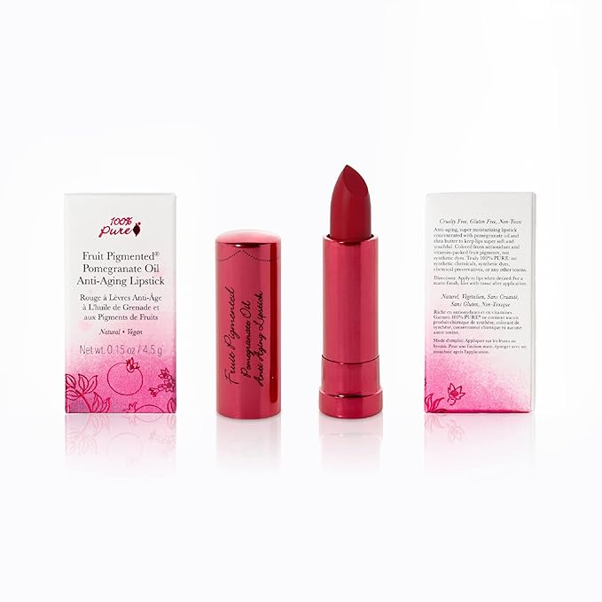 100% PURE Pomegranate Oil Anti-Aging Lipstick Long Lasting, Vibrant Makeup - Moisturizing Cocoa Butter Satin Finish - Vegan Fruit Pigmented Poppy Color (Bright Blood Red) - 0.15 oz