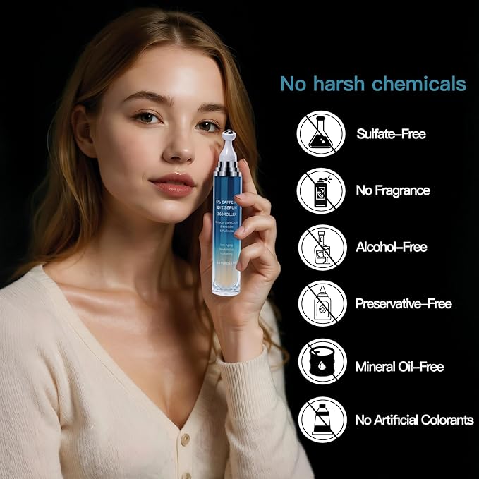 Caffeine Retinol Eye Cream, Under Eye Cream and Eye Serum for Dark Circles, Puffiness, Eye Bags, Wrinkles and Fine Lines with 360° Roller Massage Ball – 0.5 fl oz / 15ml