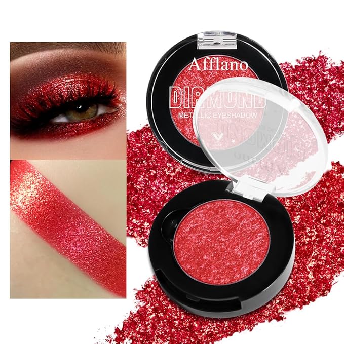 Red Glitter Eyeshadow, Highly Pigmented Shimmer Eyeshadow Red Eye Makeup, Bright Sparkly Fine Pressed Glitter Long Lasting Diamond Metallic Eye Shadow,Silky Waterproof Burgundy Goth Makeup/Highlighter
