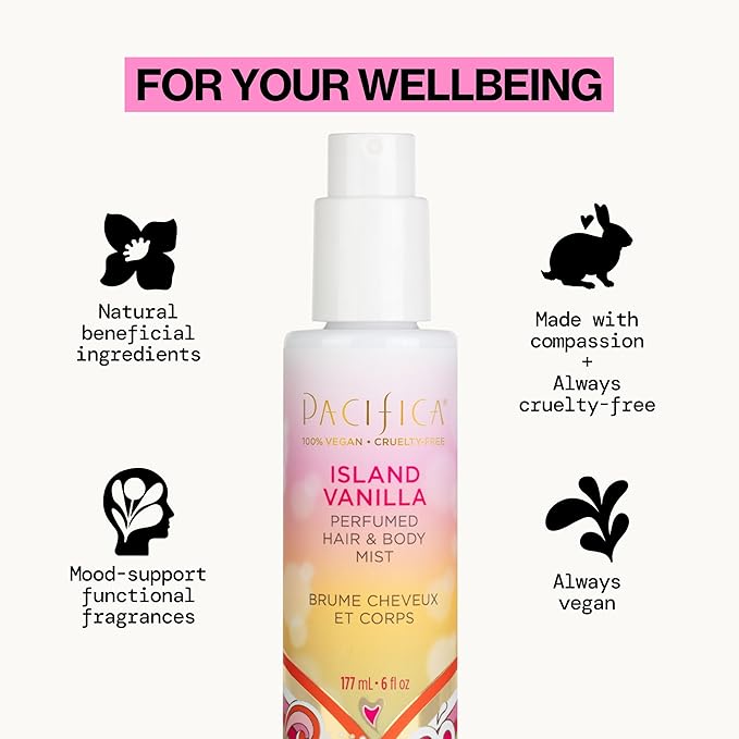 Pacifica Island Vanilla Spray Perfume & Hair and Body Mist Set – Tahitian Vanilla Clean Fragrance Duo, Essential Oil Blend, Alcohol-Free Hair/Body Mist Clean Beauty 100% Vegan & Cruelty-Free