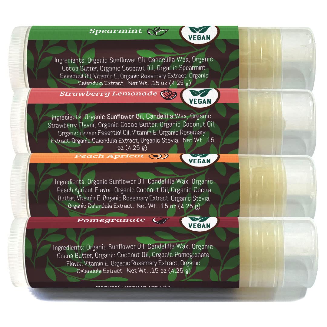 Vegan Lip Balm 4-Pack, Beeswax Free Lip Balm, Natural, Organic Flavors - Assorted Flavors, Plant Based Vegan Chapstick, Moisturizer