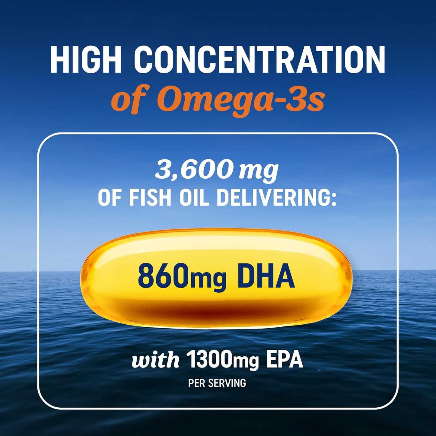 Triple Strength DHA Omega 3 Fish Oil 3600 Mg | over 2100Mg Omega-3 Fatty Acids with 860Mg of DHA | 1300Mg EPA | Best Essential Fatty Acids | Premium Wild Caught & Burpless Fish Oil | 120 Softgels