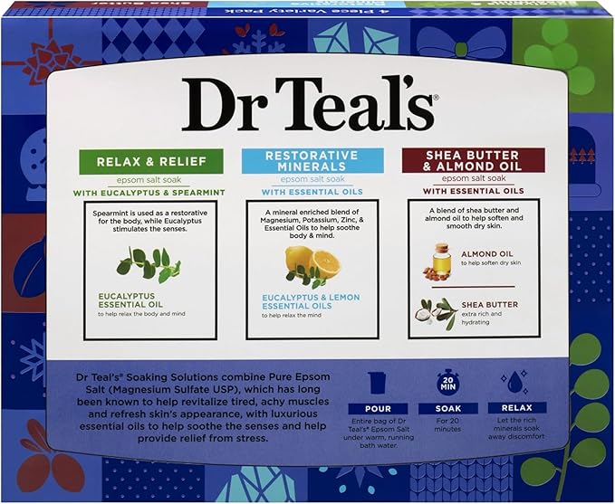 Dr Teal's Holiday Edition Pure Epsom Salt Gift Set, 3 Pack with Eucalyptus Spearmint, Restorative Minerals, Shea Butter, 14 oz Each with Body Lotion Sample