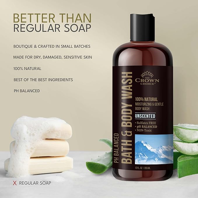 Natural Body Wash for Women, Men & Kids - Fragrance Free Body Wash - 12oz pH 5.5-Best pH Balance-Liquid Soap for All Skin Types-Moisturizing Sulfate & Chemical Free Shower / Bath Liquid Gel (2 PK)