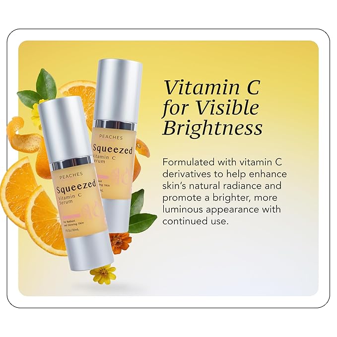 Peaches Skin Care Squeezed Vitamin C Serum with Kakadu Plum, Gold and CoQ10 – Lightweight Hydrating Formula for Radiant-Looking Complexion – Vegan Skincare for Women, 1 fl oz