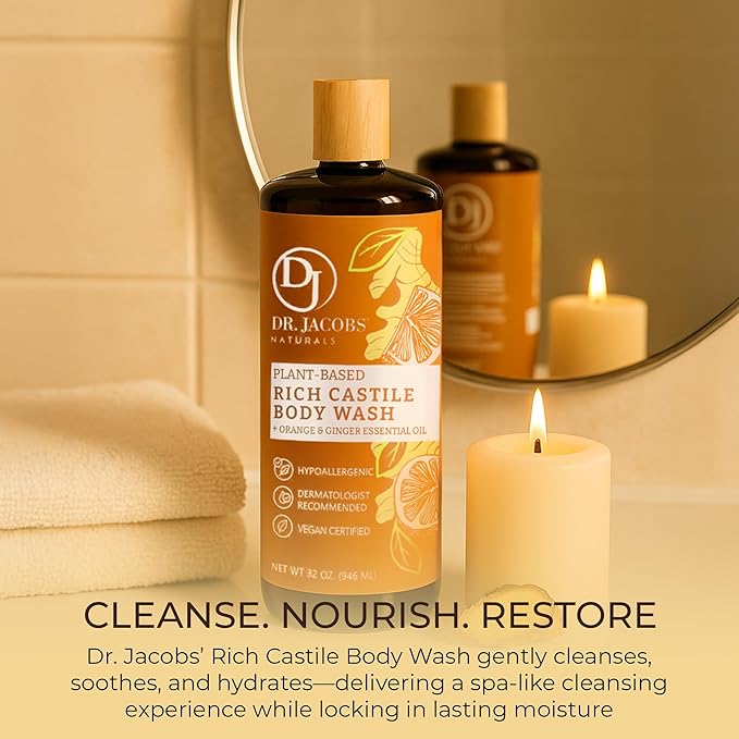 Dr. Jacobs Naturals Castile Orange and Ginger All-Natural Body Wash for Moisturizing Dry Skin with Plant-Based Ingredients with Pump - 32 Ounce