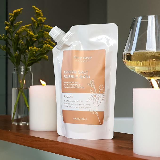 Deep Steep Epsom Salt Bubble Bath, Focus, 10 oz – Spa Soak with Epsom Salt, Ashwagandha, Orange Peel & Essential Oils – Vegan, Clean Beauty, Muscle Relief & Mental Clarity
