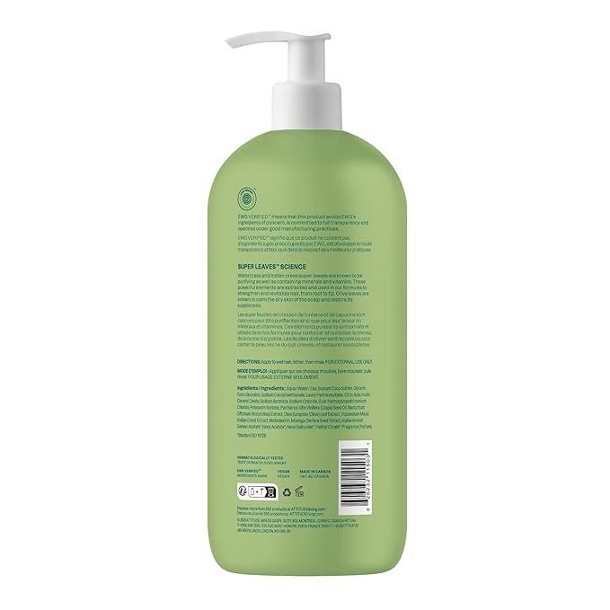 ATTITUDE Nourishing Hair Shampoo, EWG Verified, For Dry and Damaged Hair, Naturally Derived Ingredients, Vegan and Plant Based, Grapeseed Oil and Olive Leaves, 32 Fl Oz