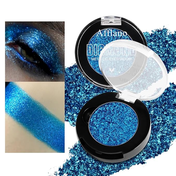 Blue Metallic Eyeshadow Single, Highly Pigmented Fine Pressed Glitter Diamond Eyeshadow with Shimmer finish, Long Lasting Blendable Bright Sparkle Eye Shadow for Blue Eyes/Eyeliner, Waterproof Vegan