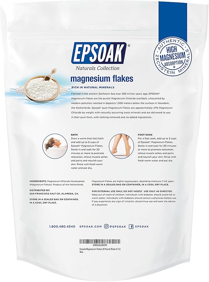 Epsoak Naturals Collection Magnesium Flakes for Foot Spa & Relaxing Bath, 8 lb, 100% Natural & Unscented Zechstein Magnesium Chloride (1 Ounce (Pack of 1)