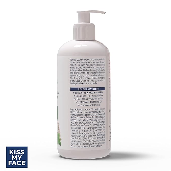 Kiss My Face De-Stress 2-in-1 Body Wash & Bath Soak - Peppermint + Clary Sage - Botanical Blend - Vegan and Cruelty Free - With added Rhodiola Rosea, Hemp Seed Oil, and Ashwagandha - 16 fl oz Bottle