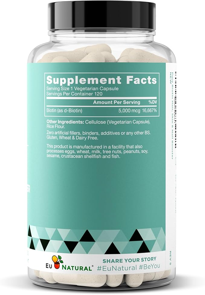 Biotin 5000 mcg Hair Skin Nails Supplement – High-Potency Hair Growth Vitamins for Women & Men – Provide Powerful Support for Healthy Hair, Stronger Nails and Glowing Skin – 120 Vegan Soft Capsules