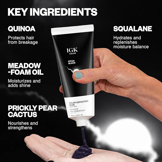 IGK Pitch Black Color Depositing + Conditioning Hair Mask | Smoky Gray - Cool Onyx Tones | Hydrating Semi-Permanent Gloss Toner Treatment