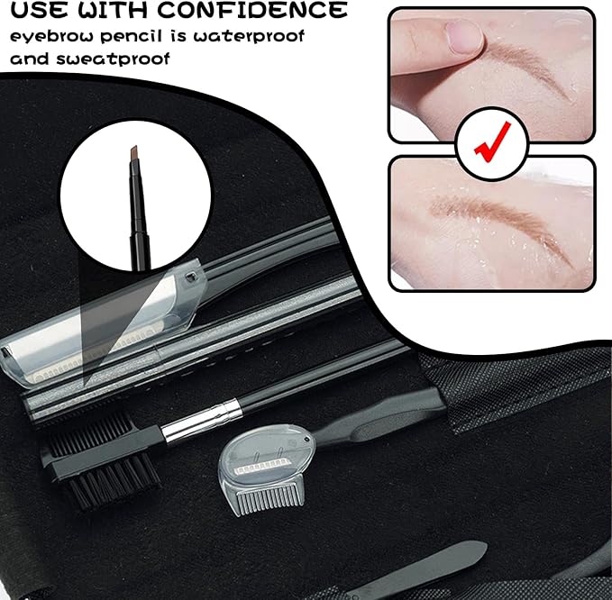 8PCS/SET Professional Eyebrow Shaping Grooming Kit - Beauty Tools Set with Leather Bag Eyebrow Grooming Kit for Women & Men, Eyebrow Trimming Kit With Razor Eyebrow Scissors and Brush with Comb Black
