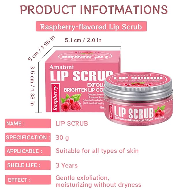 4-Color Fruit-Flavored Lip Scrub for Dry, Cracked & Dark Lips – Exfoliating & Moisturizing Lip Care with Organic Ingredients, Lip Brush – Vegan, Cruelty-Free (20g) (Raspberry flavor, 1PC)
