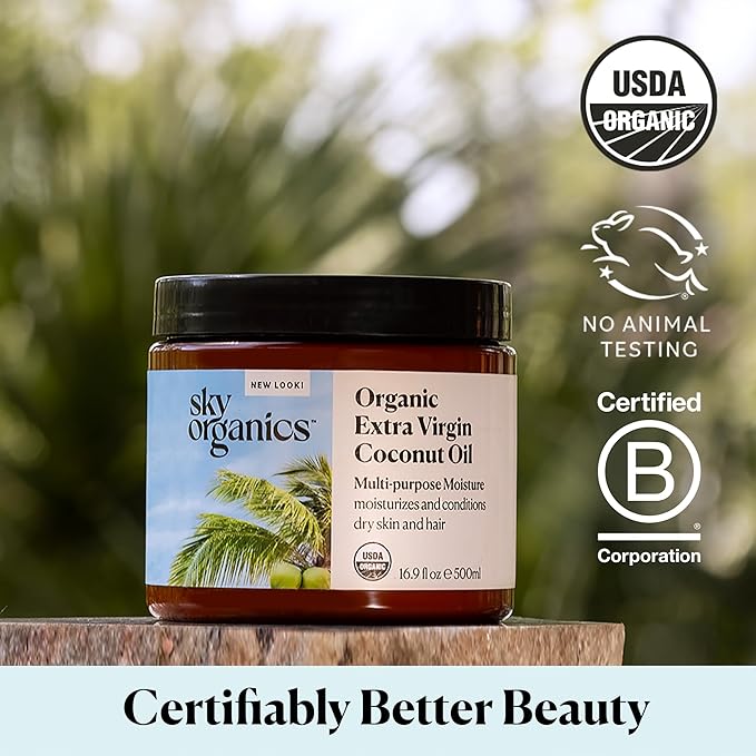 Sky Organics - Multipurpose Organic Coconut Oil for Skin & Hair, 16.9 fl oz - Extra Virgin Hair Oil & Body Moisturizer - Vitamins, Antioxidants & Fatty Acids - Vegan, Cruelty Free