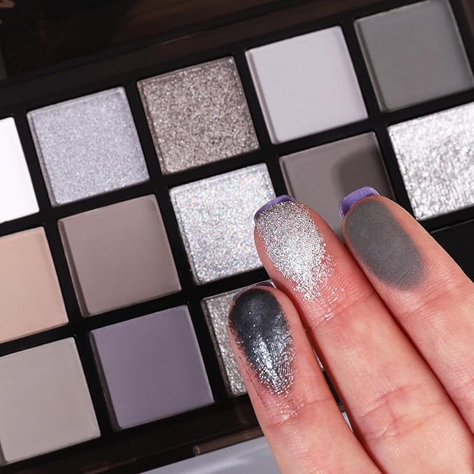 UCANBE Smokey Black Eyeshadow Palette, 15 Colors Dark Shimmer Matte Metallic Makeup Pallet, High Pigmented Gray Silver Sombras De Ojos Kit for Daily and Halloween
