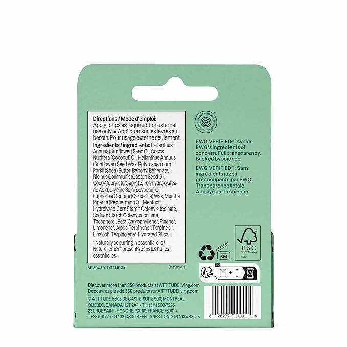 ATTITUDE Lip Balm Duo, EWG Verified, Naturally Derived Moisturizing Lip Care with Castor Oil, Coconut Oil & Shea Butter, Vegan, Mint Flavor, 0.14 Oz (Pack of 2)