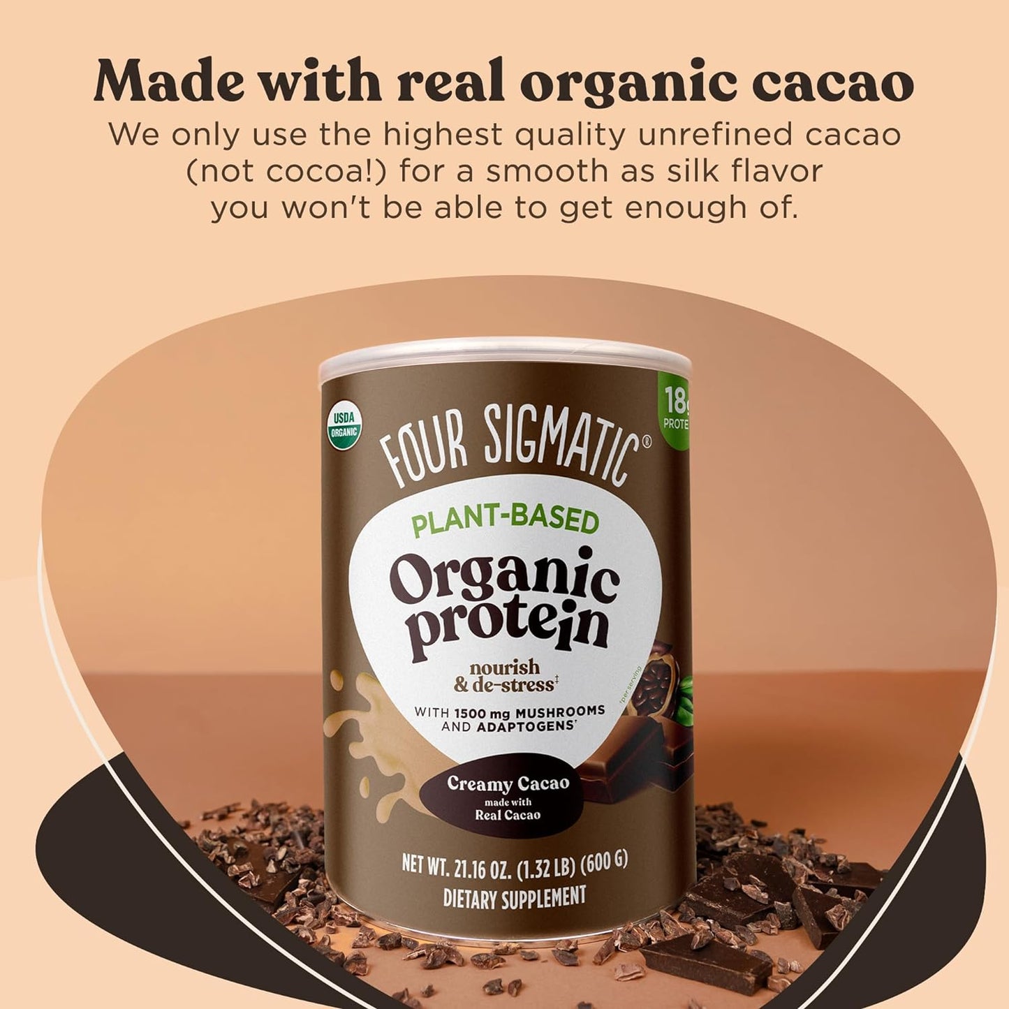 Organic Plant-Based Protein Powder Creamy Cacao Protein with Lion’S Mane, Chaga, Cordyceps and More | Clean Vegan Protein Elevated for Brain Function and Immune Support | 21.16 Oz