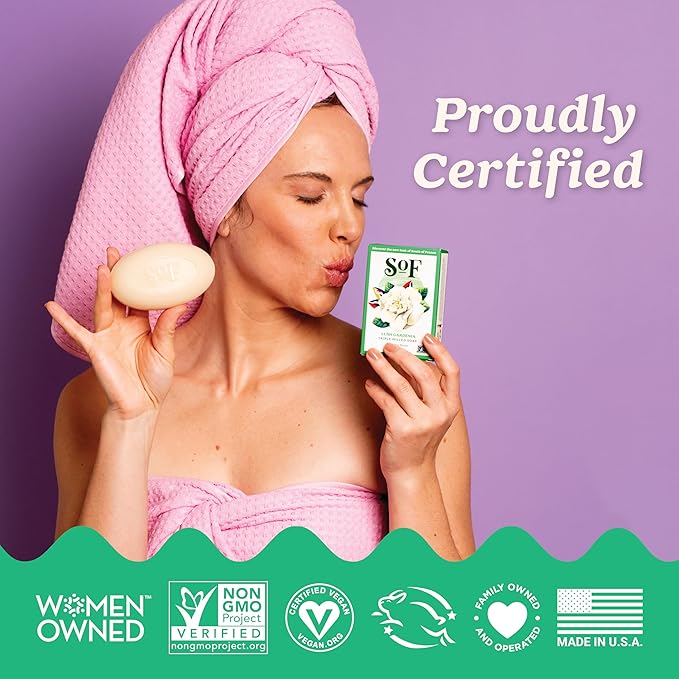 SoF Triple Milled Bar Soap - With Coconut Oil & Organic Shea Butter- Vegan & Non GMO- Free From Phthalates, Sulfates & Parabens- Lush Gardenia - 6 oz Bar 6 Bars