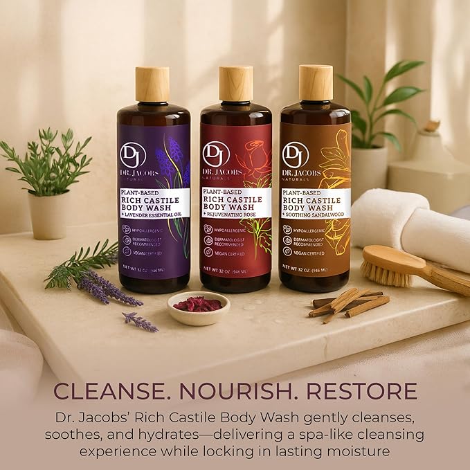 Dr. Jacobs Naturals Pure Castile Soap Liquid Body Wash, Rose - Plant Based Body Soap Infused with Vitamin E and Aloe Vera to Moisturize Dry and Sensitive Skin - Made in The USA - 16 oz, Pack of 2