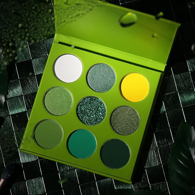 Green Eyeshadow Palette 9 Colos, Highly Pigmented Matte Shimmer Glitter Lime Forest Green Eye Shadow Palette for Hazel Eyes, Long Lasting Dark Emerald Wicked Makeup for Daily,Festival, Blendable,Vegan