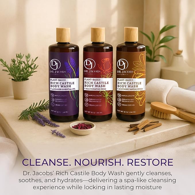 Dr. Jacobs Naturals Pure Castile Soap Liquid Body Wash, Lavender - Plant Based Soap Infused with Vitamin E and Aloe Vera to Moisturize Dry and Sensitive Skin - Made in The USA - 32 oz, Pack of 1
