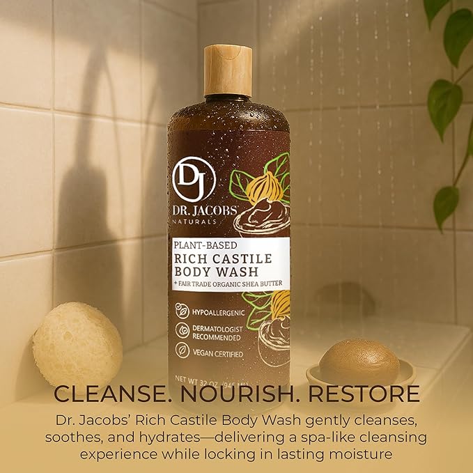 Dr. Jacobs Naturals Pure Castile Soap Liquid Body Wash, Shea Butter - Plant Based Soap Infused with Vitamin E and Aloe Vera to Moisturize Dry and Sensitive Skin - Made in The USA - 32 oz, Pack of 3