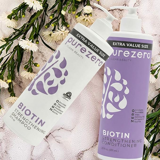 Purezero Biotin Shampoo & Conditioner Set - Anti Thinning Formula - Volumizing, Thicker, Fuller Hair - Zero Sulfates, Parabens, Dyes, Gluten - 100% Vegan & Cruelty Free (20 Fl Oz (Pack of 2))