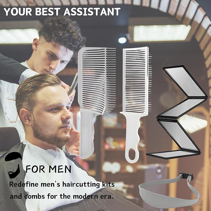 Fade Combs, 4 Piece Self Haircut Kit for Men Professional Barber Positioning Combs with 360 Fourfold Mirror Flat/Curved Push Edge Hair Combs, Hair Cutting Guide Tools for Home & Salon Use